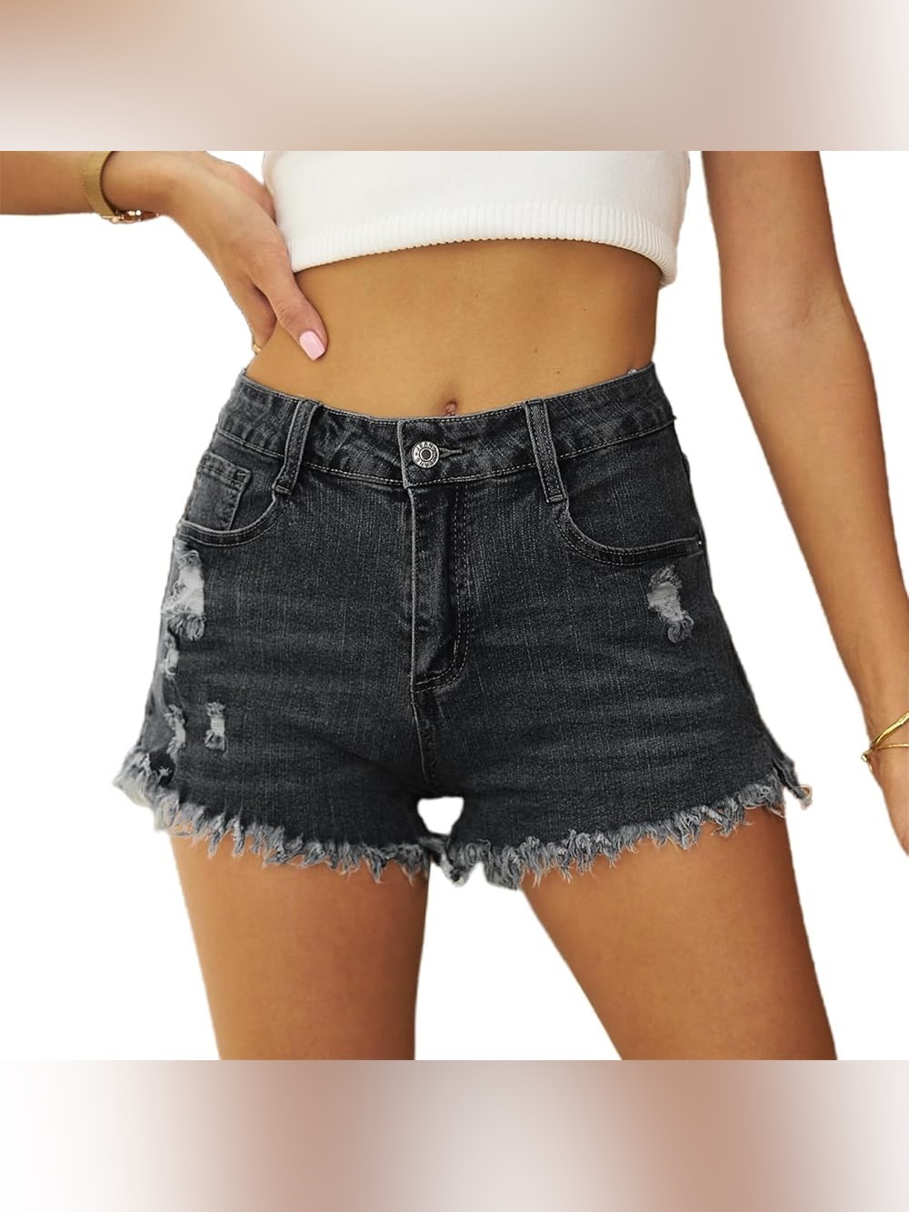 Zaful Black Distressed Frayed Hem Denim Shorts